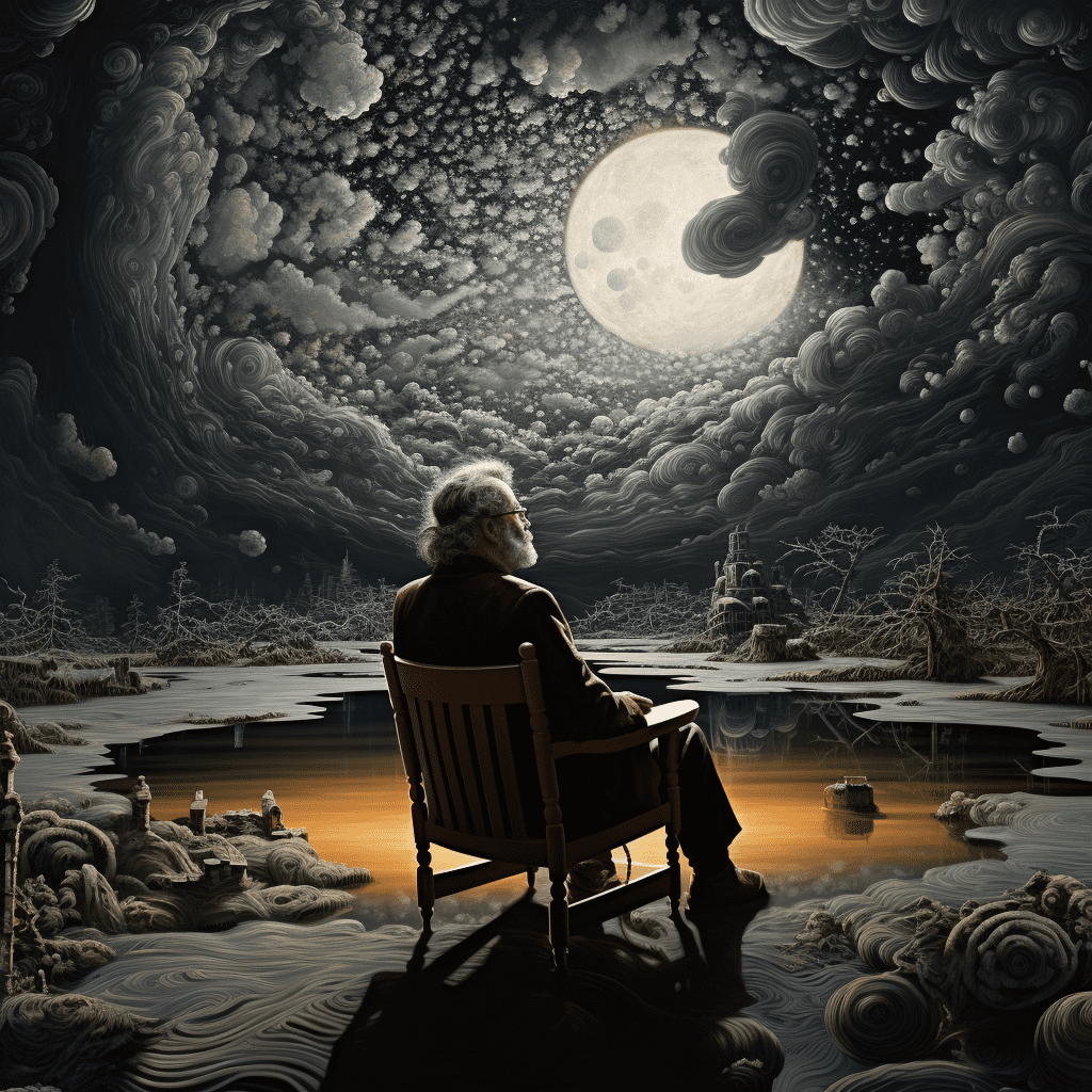 Enchanted Art Prints For Sale. A man sitting in a wonderland, looking out at the night sky.